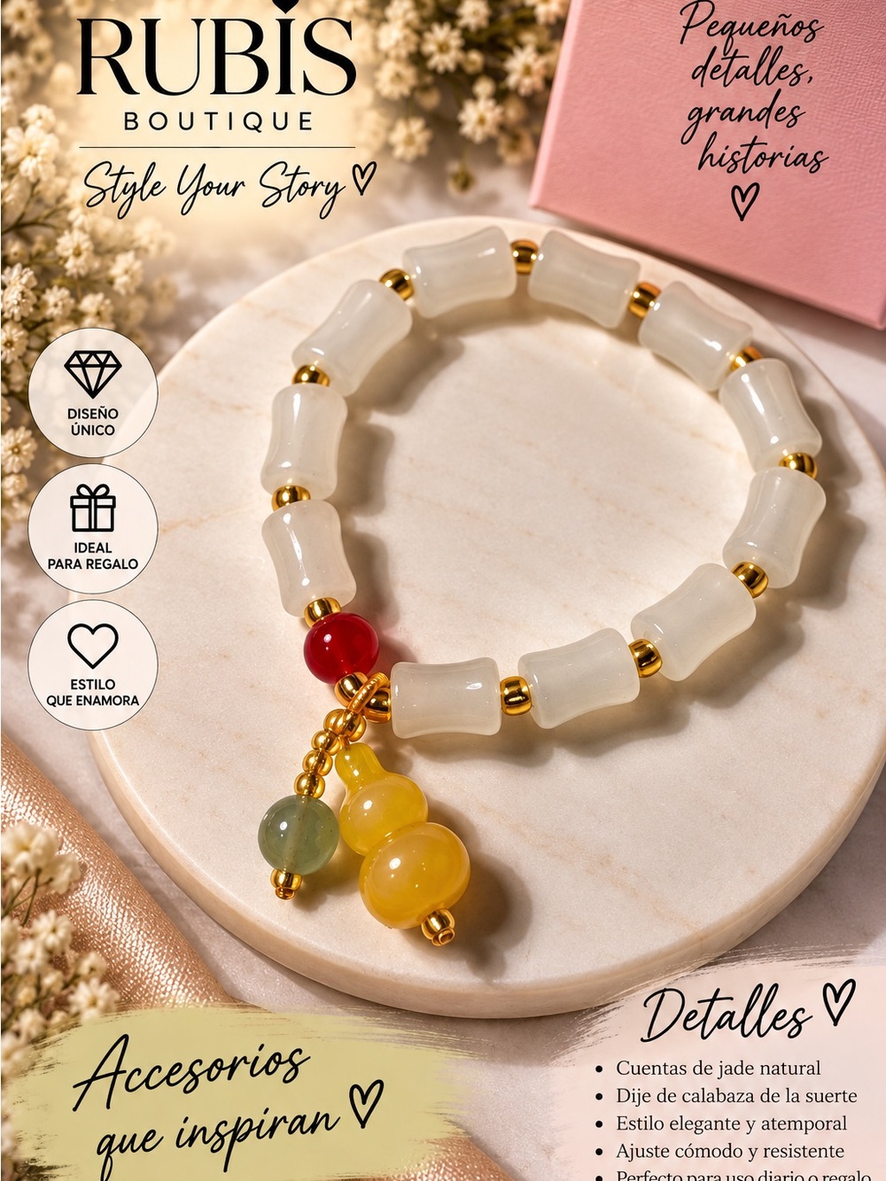 White Jade Bead Bracelet with Yellow & Red Charm